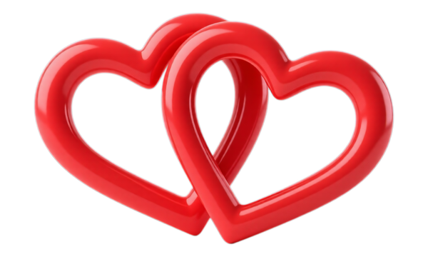 Glossy Red Interlocking Hearts on Transparent Background, 3D Realism Design Element
