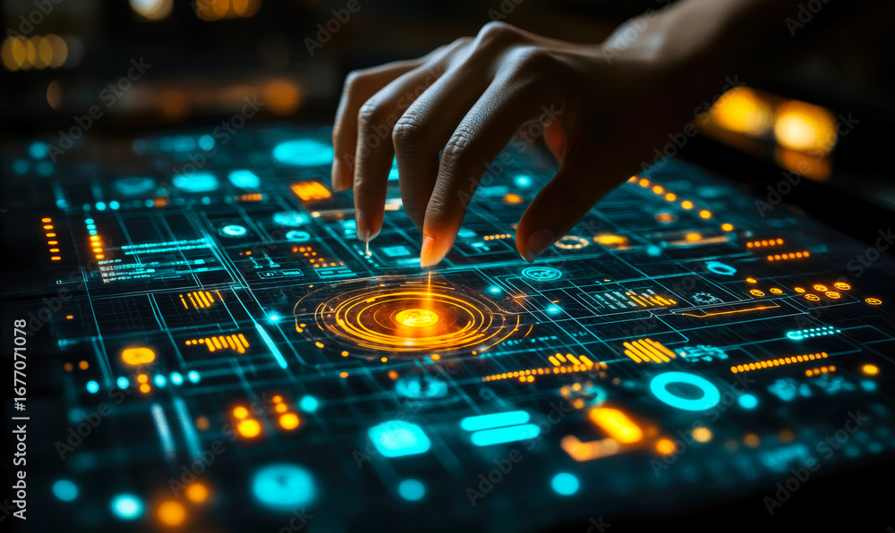 Poster futuristic touchscreen interface with digital data visualization and hand interacting with holograph