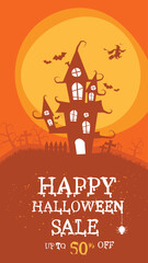Halloween 50% off. Sale Promotion Poster or banner with Halloween house.