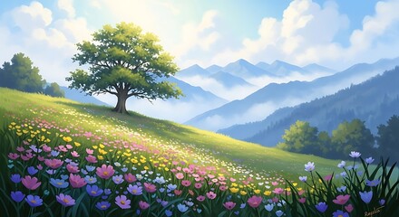 Scenic Hillside Meadow with Colorful Flowers and a Single Tree.