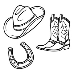 Minimilist outline drawing of cowboy hat horseshoe and boots representing western culture and lifestyle theme design vector