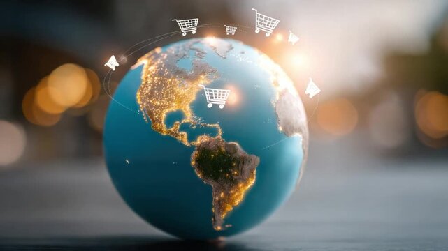 Global Commerce: A mesmerizing image illustrating the concept of global commerce, with the Earth adorned with radiant city lights and shopping carts hovering around.