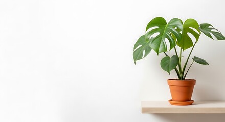 Obraz premium Monstera plant in terracotta pot on shelf isolated on white background