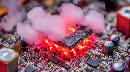 Macro shot of damaged CPU with glowing red hotspots and smoke, symbolizing urgent hardware failure and repair