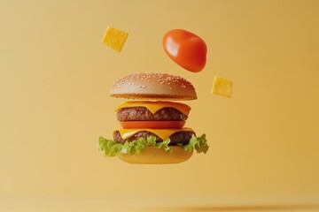 Creative floating burger design delicious meal composition with ingredients in motion