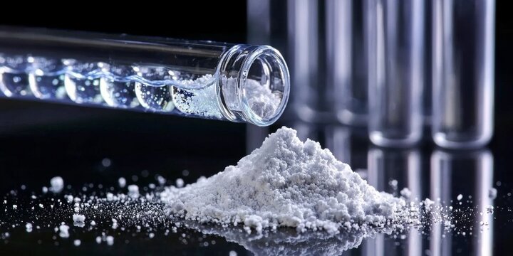 Close-up view of potassium chromate powder in a test tube.