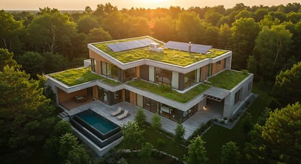Unique modern villa surrounded by greenery, eco-friendly design captured in soft natural light, refined and minimalist look
