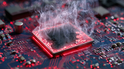 Macro shot of damaged CPU with glowing red hotspots and smoke, symbolizing urgent hardware failure and repair