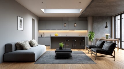 Modern living room interior featuring gray sofa, stylish black chairs, wooden flooring, and sleek kitchen area with ambient lighting, creating a cozy and inviting atmosphere for relaxation and social