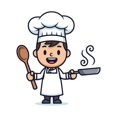 A cheerful and dedicated cartoon chef is holding a wooden spoon and a frying pan, ready to cook delicious food with passion, creativity, and expertise, representing culinary arts and professional cook