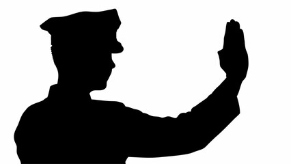 Silhouette of a police officer with cap raising hand in a stop gesture against a white background scene