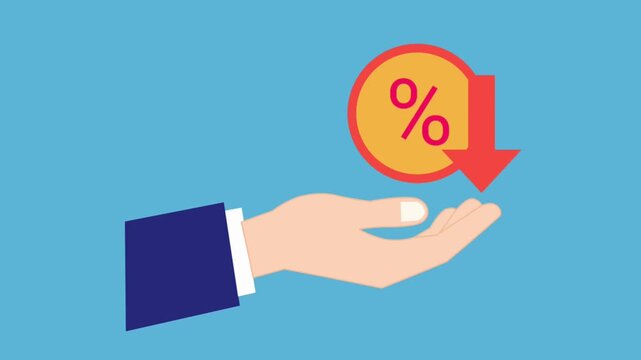 Illustration of a hand holding a percentage sign with a downward arrow, symbolizing decrease, interest rate drop, discount, loss, or financial decline.