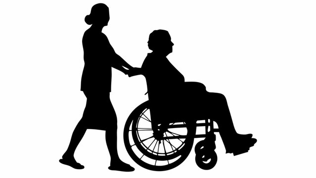 Silhouette of a caregiver pushing an elderly person in a wheelchair on a white background image view