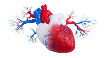 Anatomically accurate 3D illustration of a human heart with detailed arteries and veins, showcasing vibrant red and blue colors, emphasizing the circulatory system and its vital functions in human ana