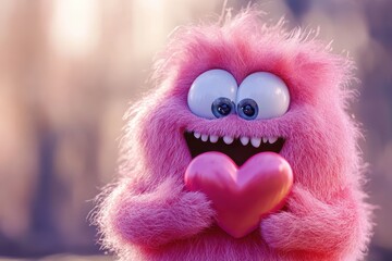 Joyful fluffy pink monster embraces heart with big smile in sweet affectionate scene