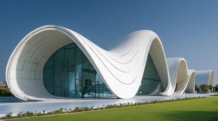 Modern, wave-like architectural structure with sweeping, white, curved facades.  Glass windows punctuate the curves.  The building sits on a grassy expanse, with a clear blue sky