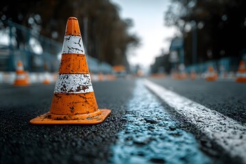 Low-angle, close-up of a weathered orange traffic cone standing on a dark asphalt road next to crisp white and blue painted lines.
