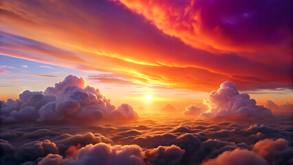 Vibrant sunset sky painted with fiery clouds above a sea of soft cumulus formations