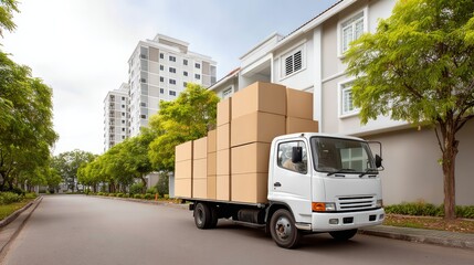 Delivery truck loaded with large cardboard boxes parked on a residential street lined with trees and modern apartment buildings, showcasing logistics and urban transportation in action