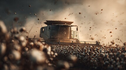  A Modern Cotton Harvester Machine Working In A Vast Cotton Field, Cotton Bolls Flying In The Air, Dramatic Dust And Sunlight Blending Together, Captured