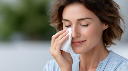 Fototapeta premium Close-up side profile of woman in light blue blouse holding soft tissue to nose, symbolizing seasonal cold, flu, or allergies with health and hygiene concept in neutral background