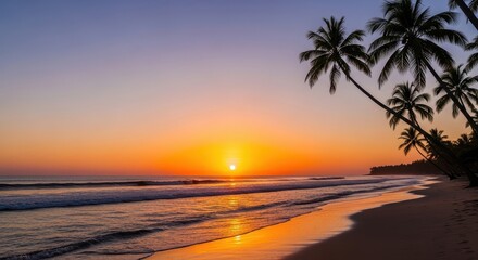 Serene Tropical Beach Sunset With Palm Trees and Gentle Waves