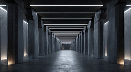 Dark, concrete tunnel with glowing lines