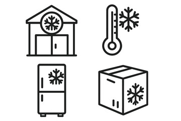Cold storage and refrigeration vector icon set. Warehouse, freezer, thermometer, and box symbols. Frozen goods logistics, cold chain, and temperature sensitive freight concept.