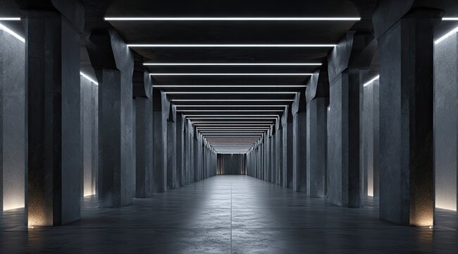 Dark, concrete tunnel with glowing lines
