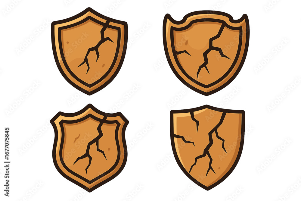 Poster cracked shield vector icon set. broken security concept. damaged defense metaphor. vulnerability ide