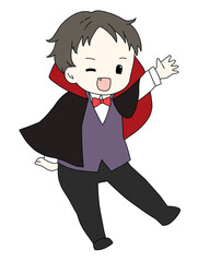 ハロウィンの吸血鬼少年（ミニキャラ／手描き風）