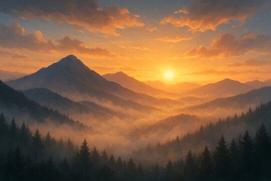 A semi-realistic digital painting of a serene sunrise over misty mountains and pine forests. The golden light shines through layers of fog, creating a peaceful and atmospheric landscape. Perfect for u - Powered by Adobe