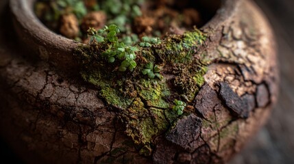 Fototapeta premium Broken clay pot with fall herbs and moss peeking out, strong textures, vignetted