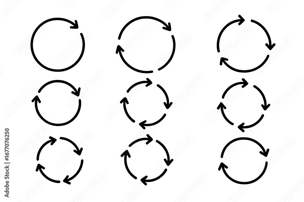 Poster circular arrow line icon set. reload, refresh, rotate symbols. vector outline graphic elements for w