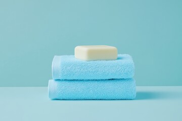 Soft pastel blue towels stacked with gentle bar of soap for a relaxing bath experience