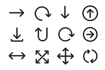Arrow round line icon bundle. Outline signs for graphic and web design, apps, adverts. Vector symbols for navigation, direction, download, upload, refresh, sync, resize, move.