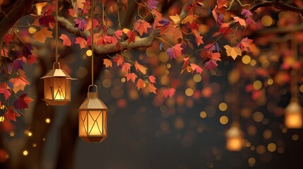 Autumn lanterns glow with warm light among vibrant fall leaves for cozy seasonal vibes