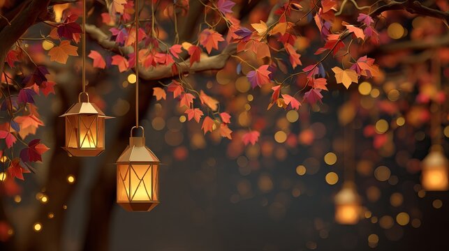 Autumn lanterns glow with warm light among vibrant fall leaves for cozy seasonal vibes