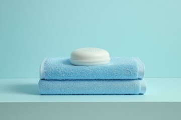 Soft pastel blue towels stacked with a bar of soap in a soothing spa setting