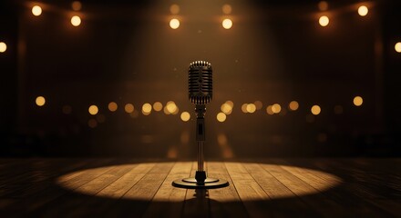 Vintage microphone on stage bathed in spotlight with warm bokeh background, perfect for podcasting, music, or public speaking