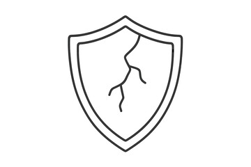Cracked shield icon. Broken protection and security symbol. Concept of vulnerability, risk, damage, and data breach. Unsafe, weak, and failed defense. Minimalist line vector.