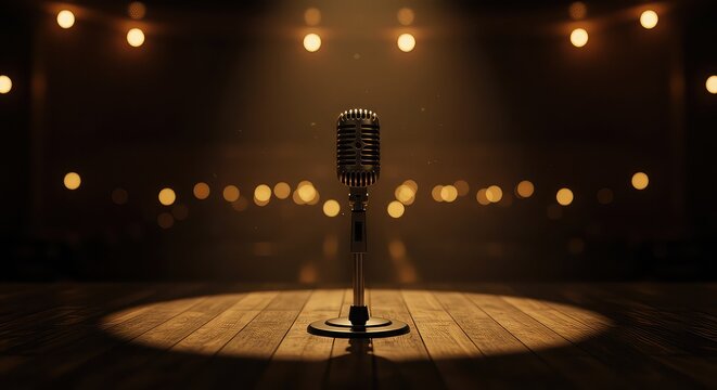 Vintage microphone on stage bathed in spotlight with warm bokeh background, perfect for podcasting, music, or public speaking