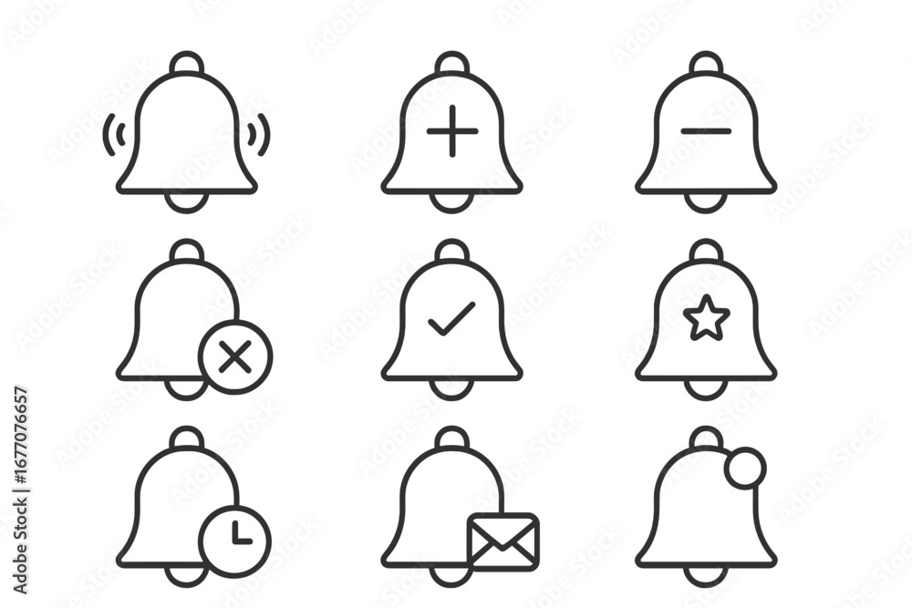 Poster notification bell icon set. thin line icons for ui ux design. alert, message, reminder, subscribe an