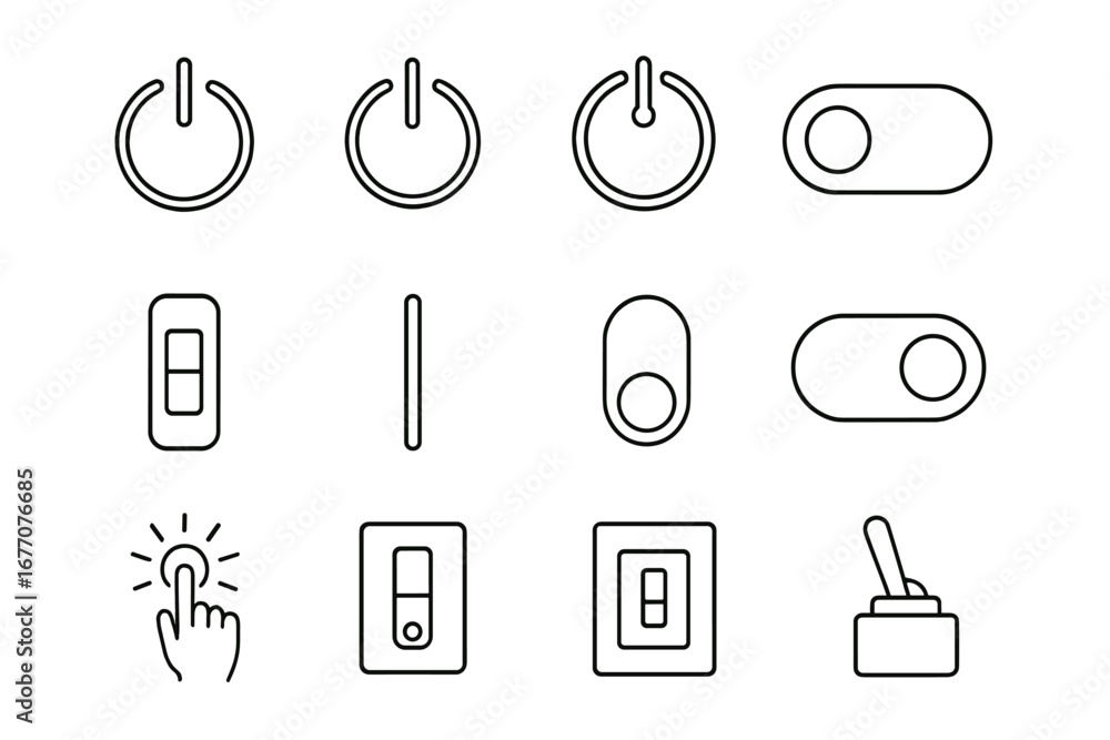 Poster on off switch icon set. power button and toggle switch line icons. vector outline symbols for web an