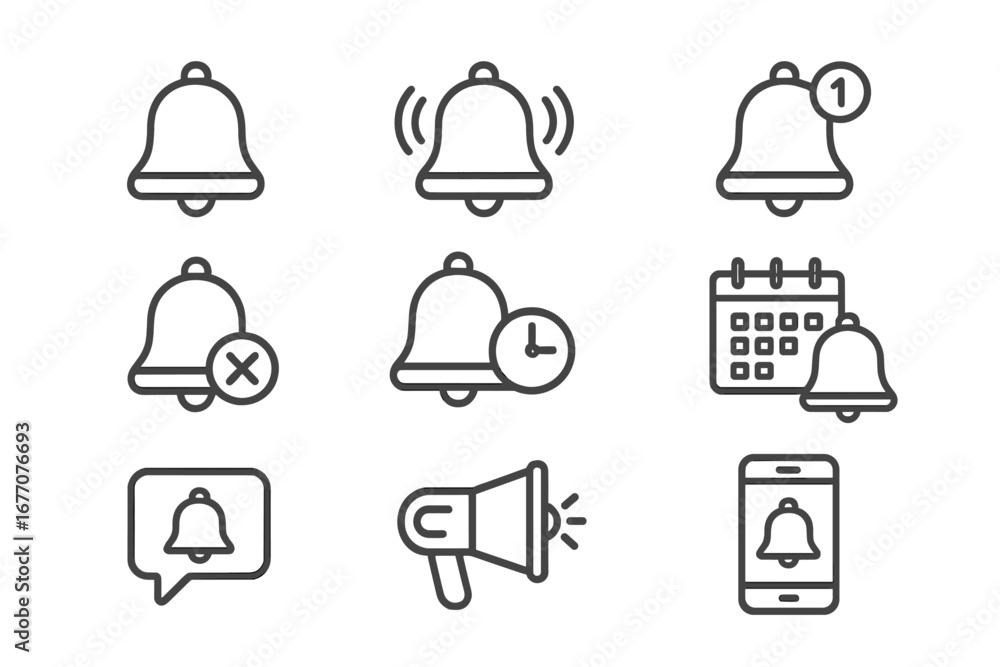 Poster notification bell vector icon set. line art symbols for alerts, reminders, and messages. ui/ux eleme