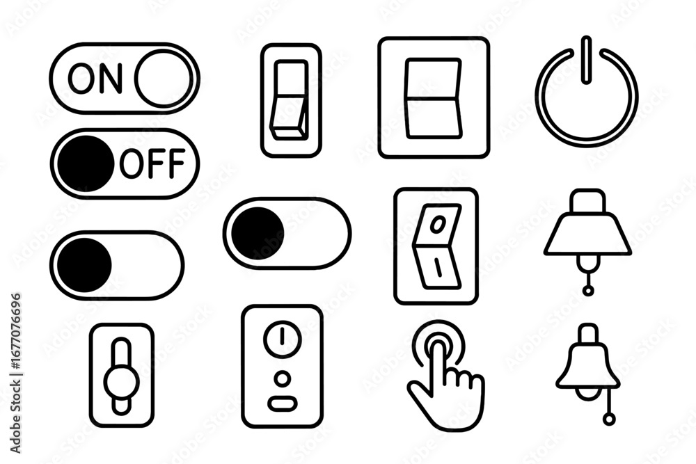 Poster on off switch line icon set. power button, toggle switch, and light switch vector icons. ui ux graph