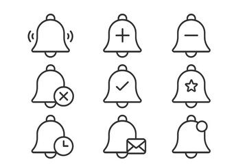 Notification bell icon set. Thin line icons for UI UX design. Alert, message, reminder, subscribe and unsubscribe symbols. Editable stroke vector for web and mobile app.
