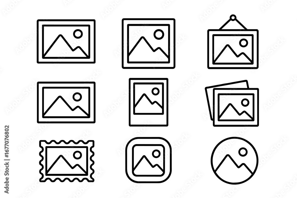 Poster collection of picture related line icons. outline signs for graphic and web design, apps. photo gall