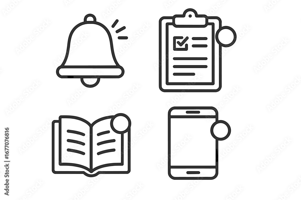 Poster notification and task management line icon set. vector symbols of a ringing bell, checklist on a cli