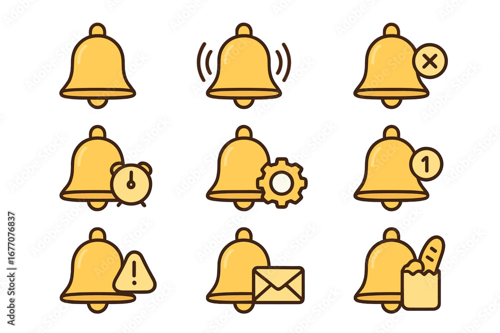 Poster notification bell icon set for web and mobile apps. vector line icons for alerts, reminders, message